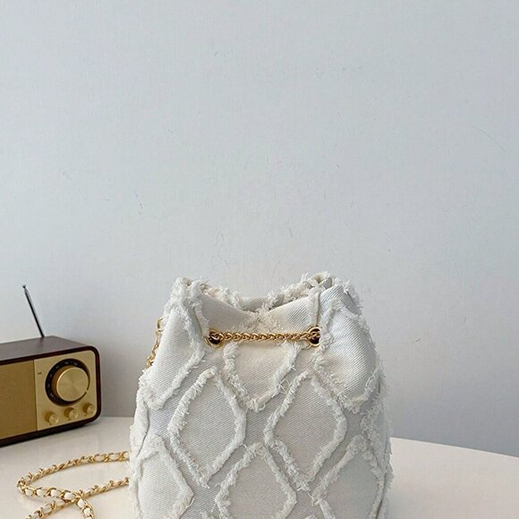 White Casual Women's Rhinestone Lattice Shoulder Bucket Bag - Picture 5 of 6